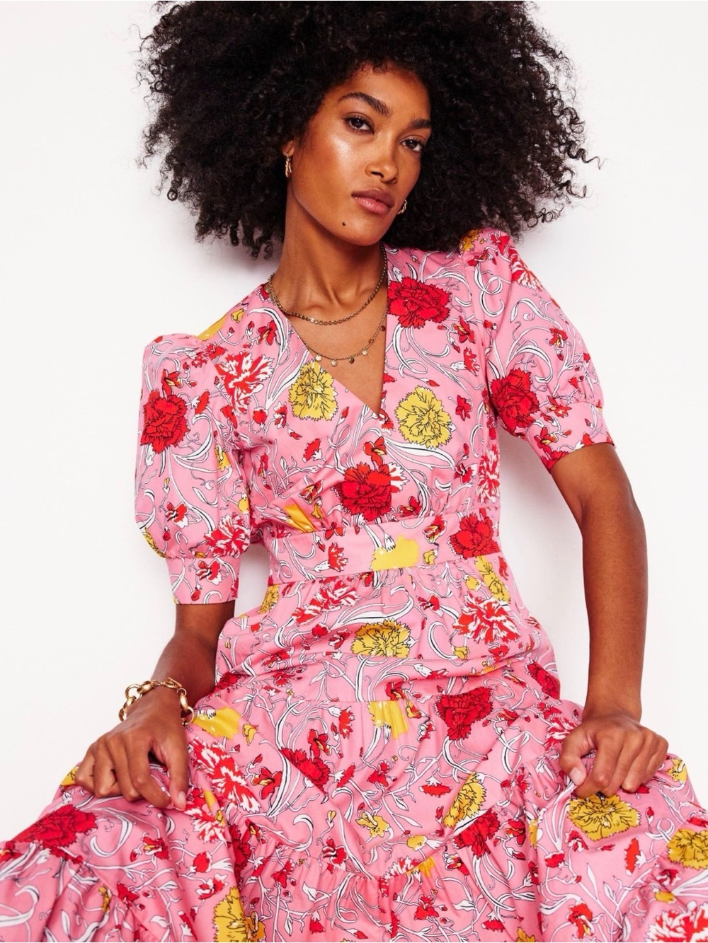 Boden Pink Floral V-Neck Puff Sleeve Maxi Dress